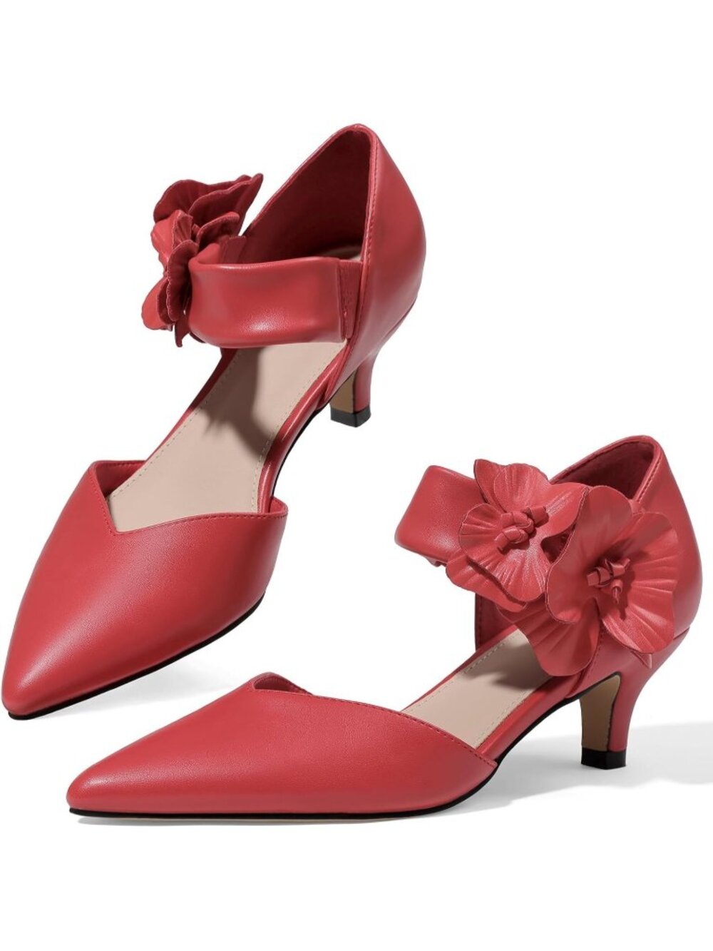〽️Women's Red Pu Low Kitten Heels Closed Pointed Slip On Ankle Strap Shoes